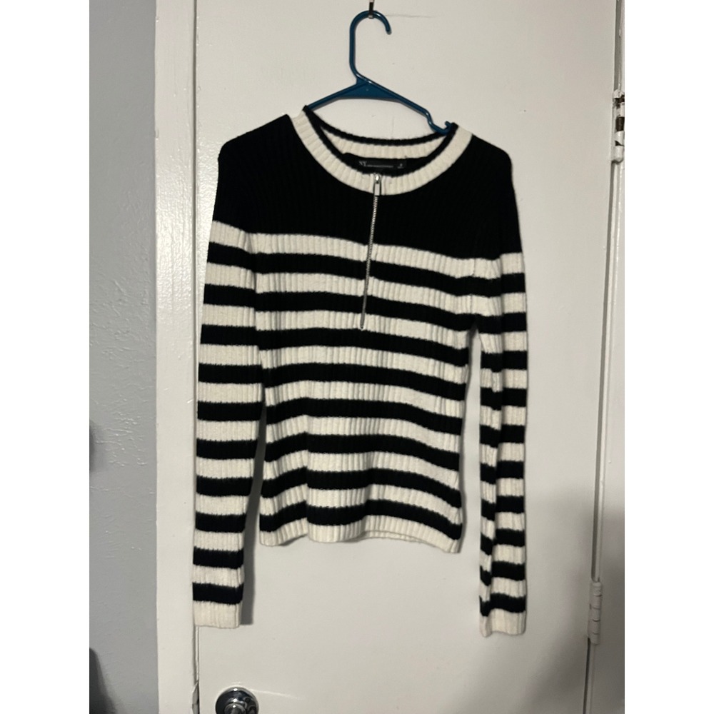 New York & Company Black White Striped Ribbed Quarter Zip Sweater Small